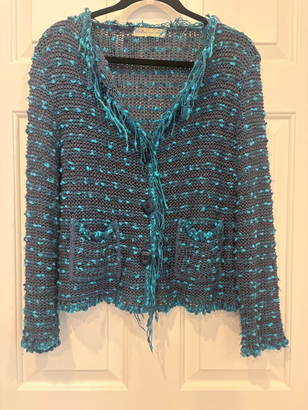Marlene H Paris Women's Open Weave Knit Cardigan Sweater Jacket Fringe Blue Teal